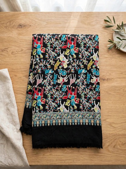 Black Shikargah Kani Pashmina Shawl  Multicolor Hunting Scene Embroidered Wool Shawl