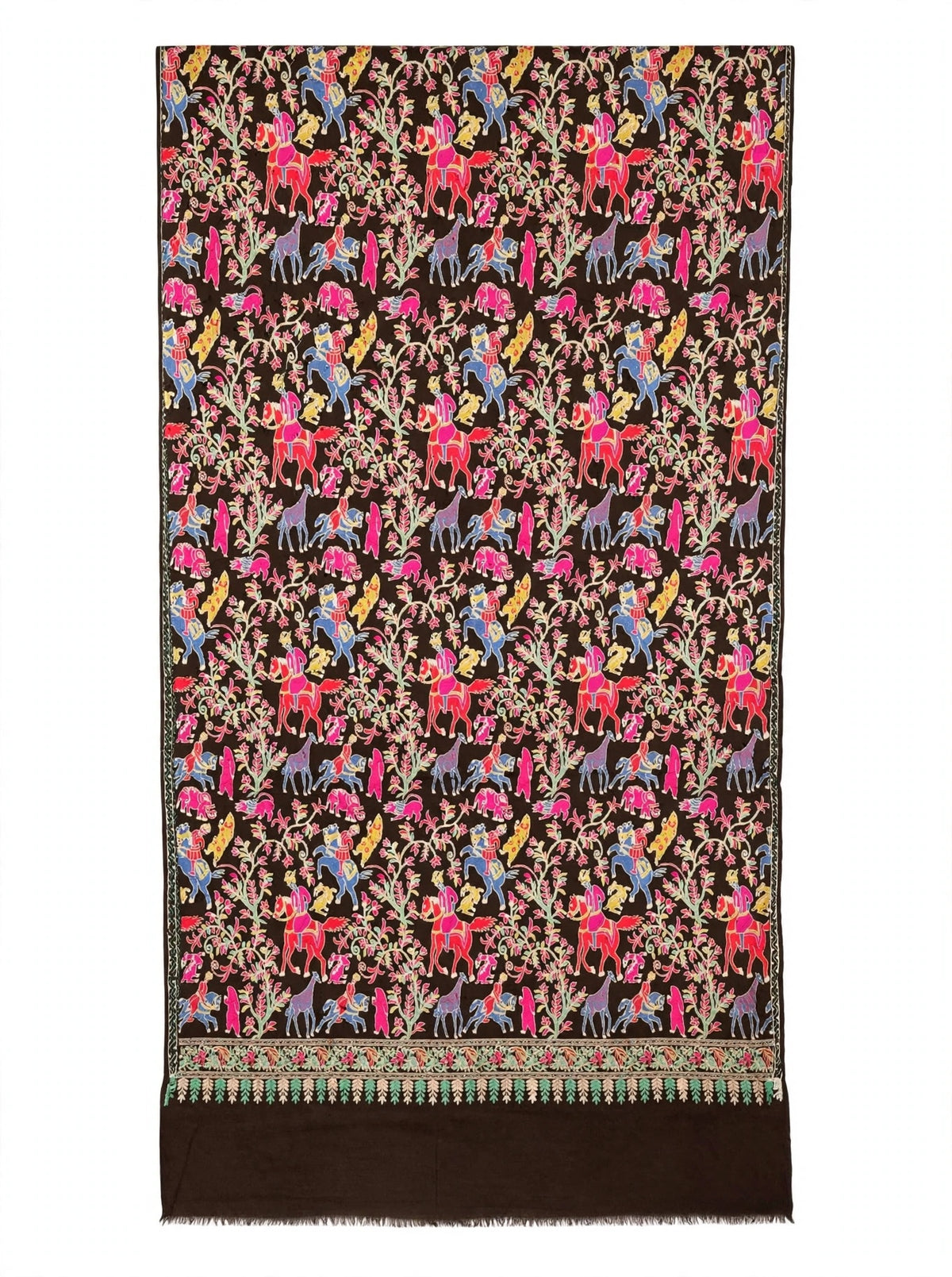 Brown Pashmina Shikargah Shawl with Multicolor Nalki Embroidery - Royal Hunt