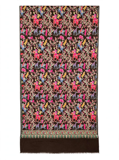 Brown Pashmina Shikargah Shawl with Multicolor Nalki Embroidery - Royal Hunt