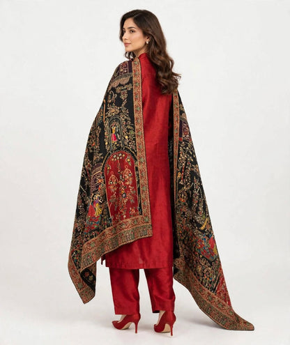 Noir Raqs - Premium Black Meenakari Shawl with Mughal Storytelling Art