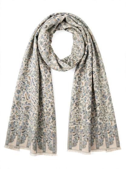 Authentic Kani Pashmina Shawl Mini - Cream & Blue Paisley - Lightweight Wool Scarf - Traditional Kashmiri Kani Work Stole