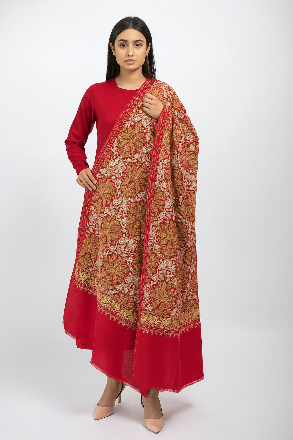 Lightweight Pashmina Aari Embroidery Shawl Red & Golden Elegance