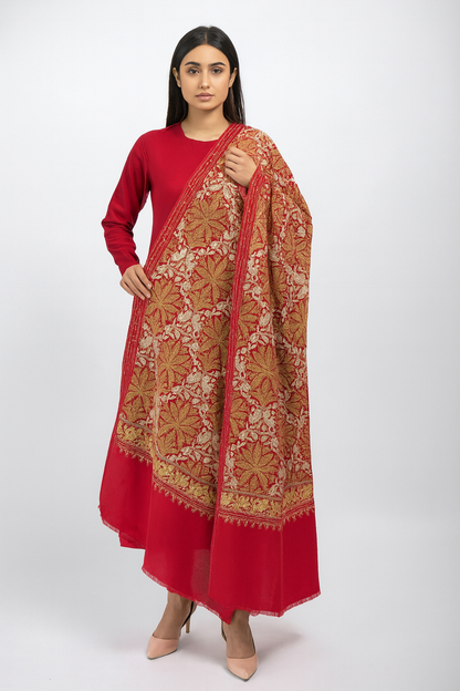 Lightweight Pashmina Aari Embroidery Shawl Red & Golden Elegance