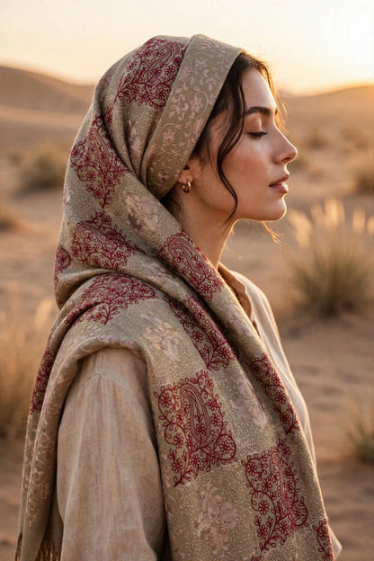 Beige Pashmina Aari Embroidery Shawl