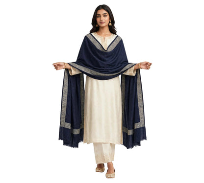Navy Blue Pashmina Shawl with Gold Zari Paisley Border