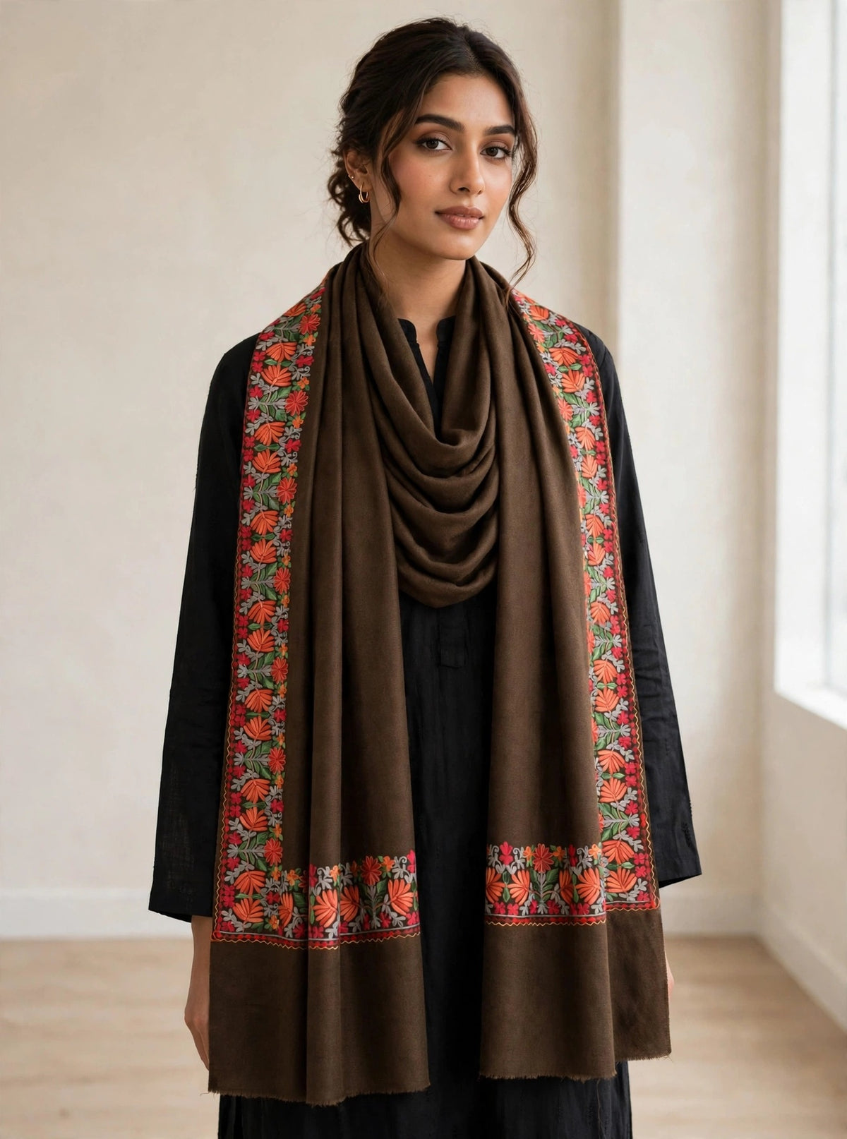 Noor - Mocha Brown Pure Pashmina Aari Embroidered Border Shawl