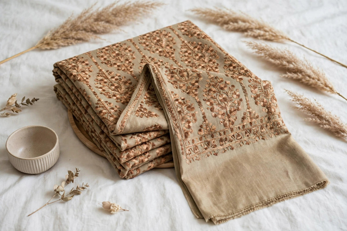 Noor Beige -aari  Embroidered Pashmina Shawl with Aari Work