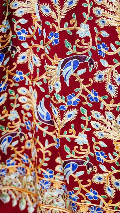 Luxury Maroon Pashmina Shawl with Intricate Multi-Colored Embroidery