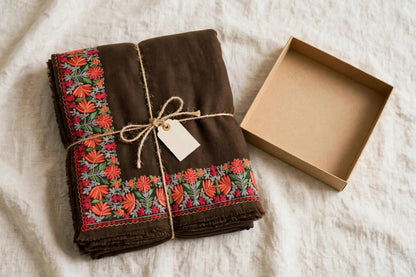 Noor - Mocha Brown Pure Pashmina Aari Embroidered Border Shawl