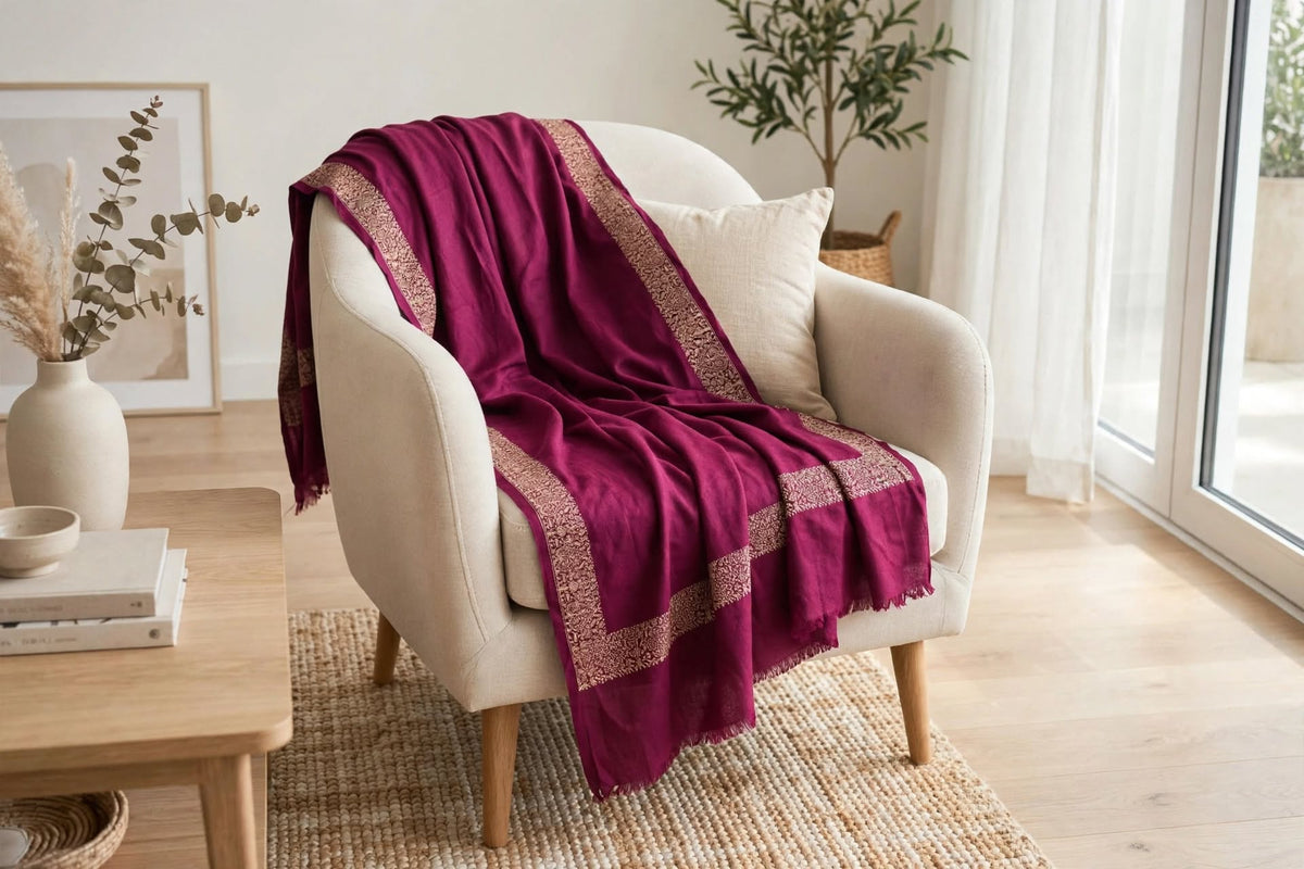 Plum Pashmina Shawl - Gold Embroidered Border - Formal Wrap