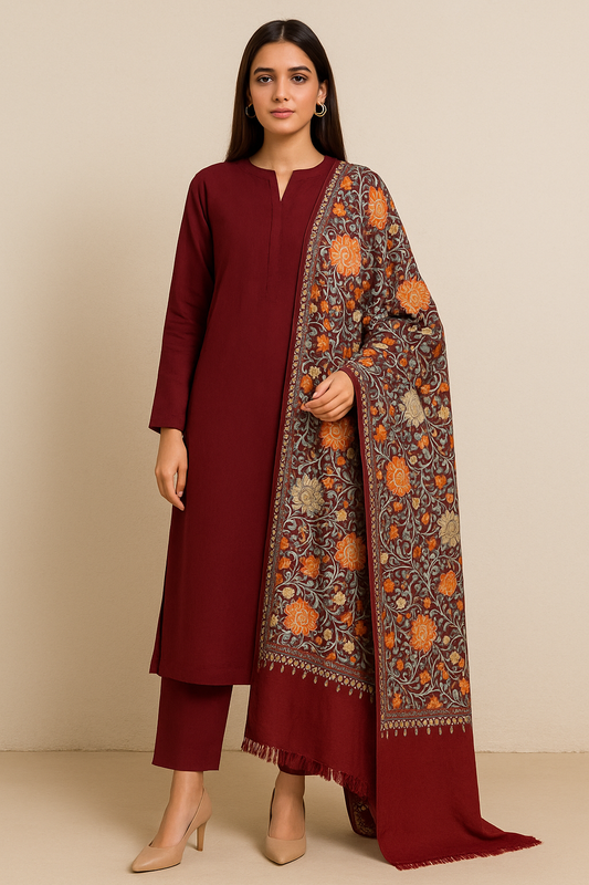 Maroon Pashmina Shawl with Kashmiri Floral Embroidery