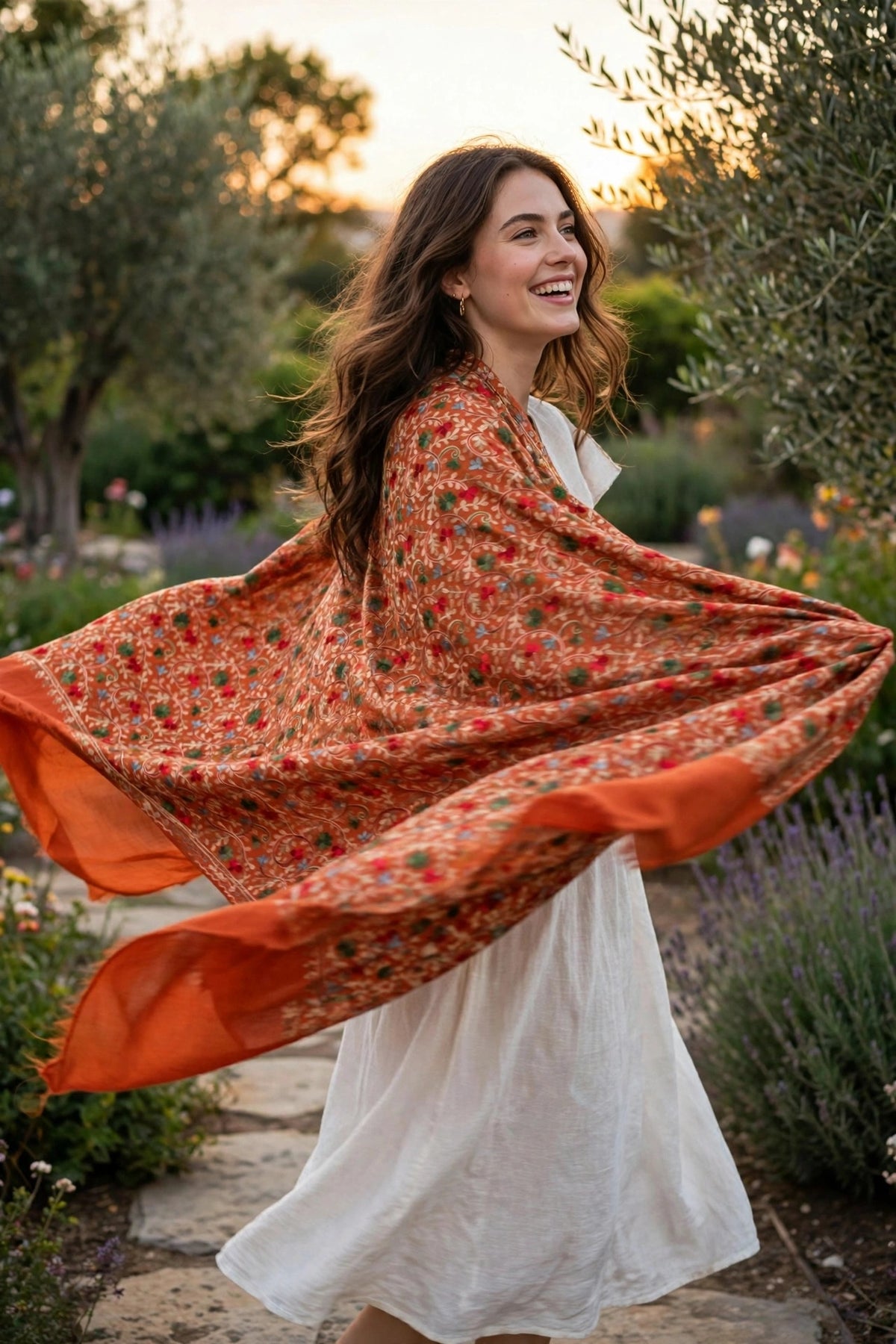 Rust Orange Pashmina Shawl with Aari Embroidery
