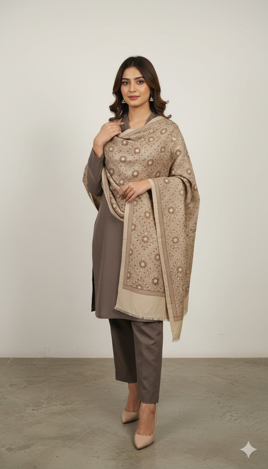Elegant Beige Pashmina Shawl with Intricate Motifs