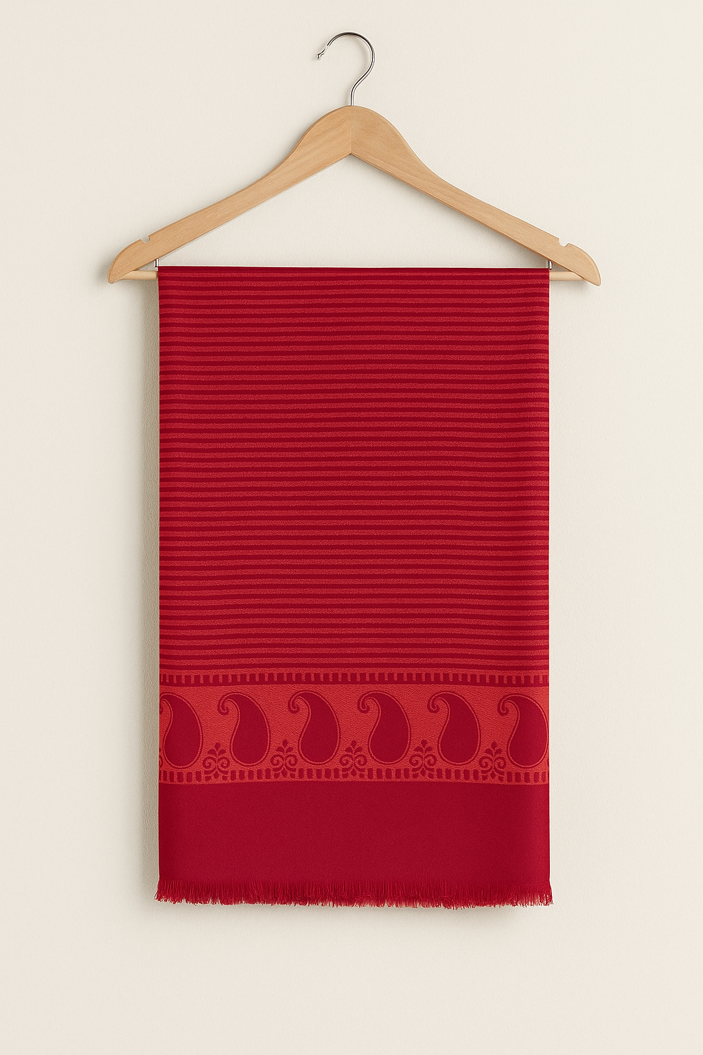 Red Pashmina Printed Shawl with Stripes & Paisley Border