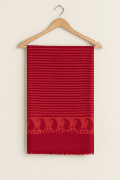 Red Pashmina Printed Shawl with Stripes & Paisley Border