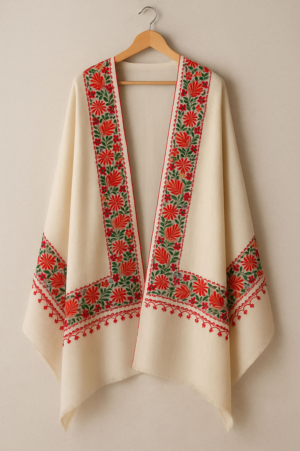 Elegant Pashmina Shawl with Aari Embroidery  4 Side Floral Border