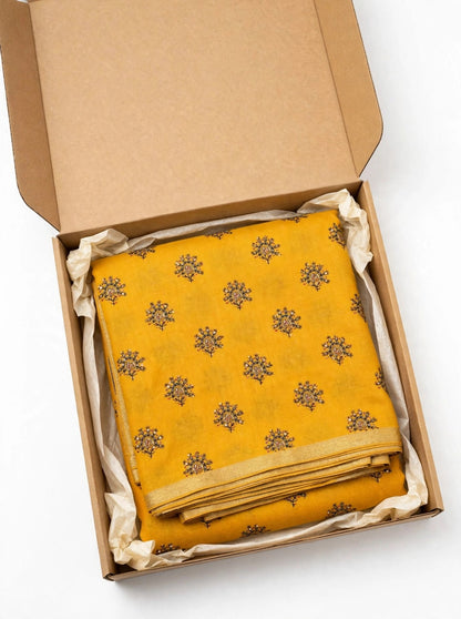 Mustard Embroidered Pashmina Shawl with Gold Zari Border | Booti Work Winter Shawl for Women