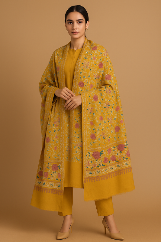 Mustard Yellow Embroidered Pashmina Shawl – Floral Elegance