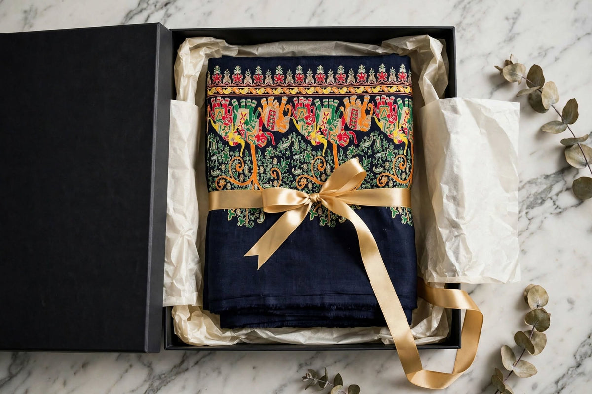 Noir Mughal Baagh Pashmina Shawl - Navy Blue Elephant Embroidered Border Shawl