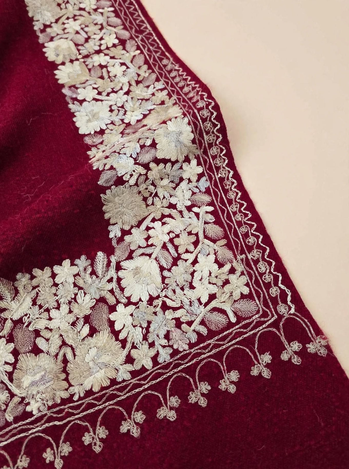 Burgundy Royal Embroidered Pure Pashmina Shawl with Ivory Floral Aari Work