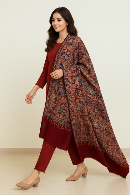 Premium Kalamkar Embroidered Pashmina Shawl  Deep Maroon