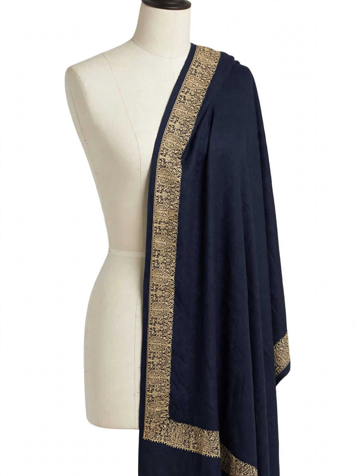 Navy Blue Pashmina Shawl with Gold Zari Paisley Border