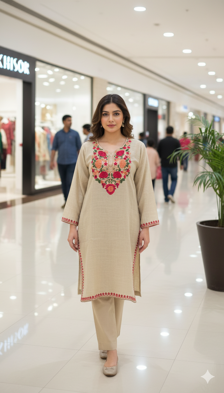 Exquisite Kashmiri Embroidered Pashmina Pheran Set