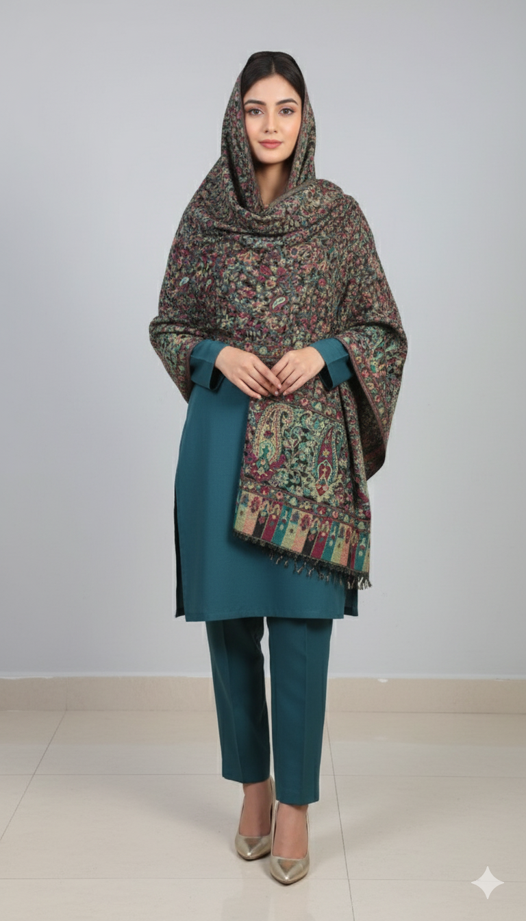 “Handcrafted Kani Mini Pashmina Shawl – Traditional Paisley & Floral Weave”