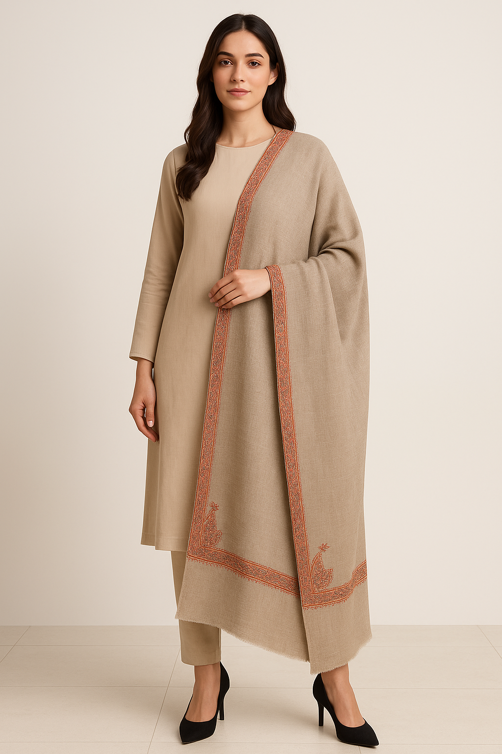 Elegant Pashmina Shawl with Needle Embroidery & Four-Sided Border