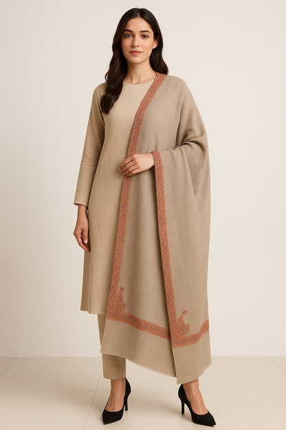 Elegant Pashmina Shawl with Needle Embroidery & Four-Sided Border