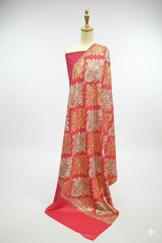 Luxury Embroidered Pashmina Wool Shawl Crimson and Gold Wedding Wrap