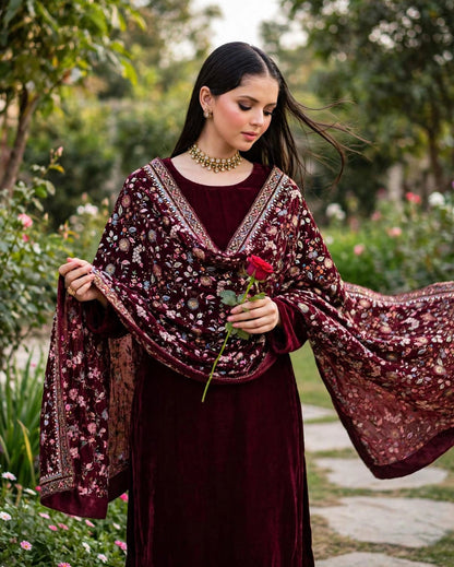 Raat Ki Rani - Burgundy Velvet Kalamkar Shawl Set