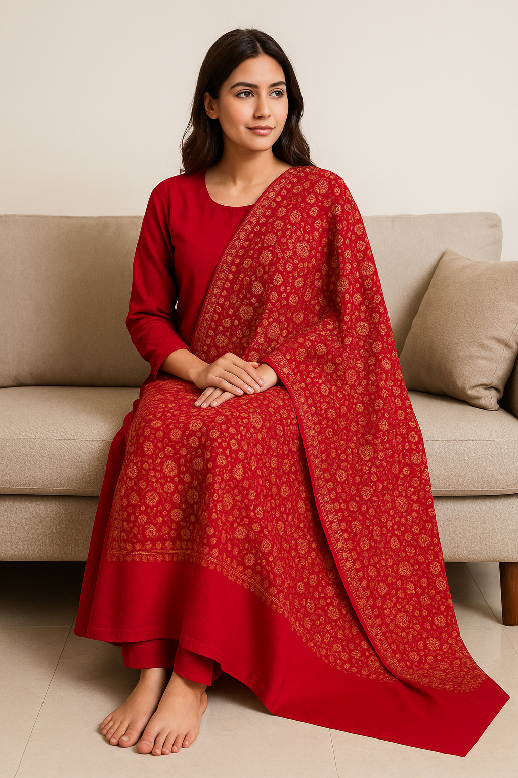 Luxury Needle Embroidery Pashmina Shawl (Red & Gold)