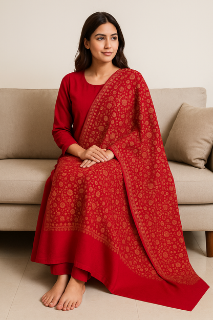 Luxury Needle Embroidery Pashmina Shawl (Red & Gold)