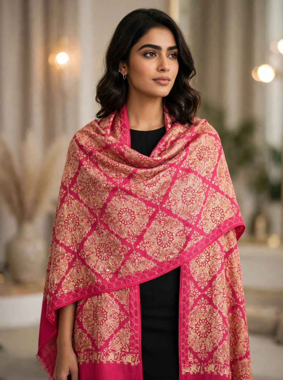 Pink Gold Diamond Jaal Pashmina Shawl - Luxury Embroidered Winter Shawl