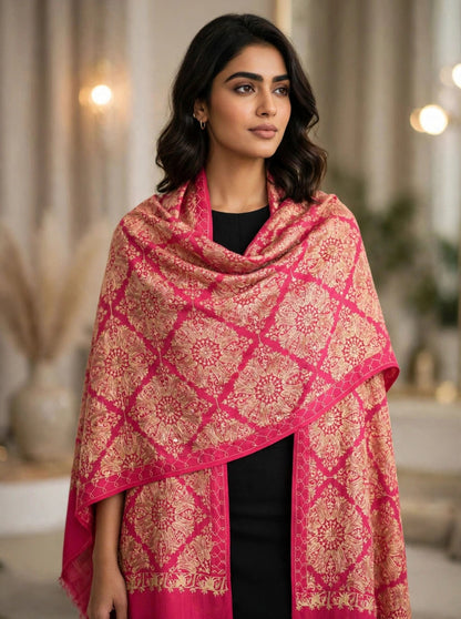 Pink Gold Diamond Jaal Pashmina Shawl - Luxury Embroidered Winter Shawl