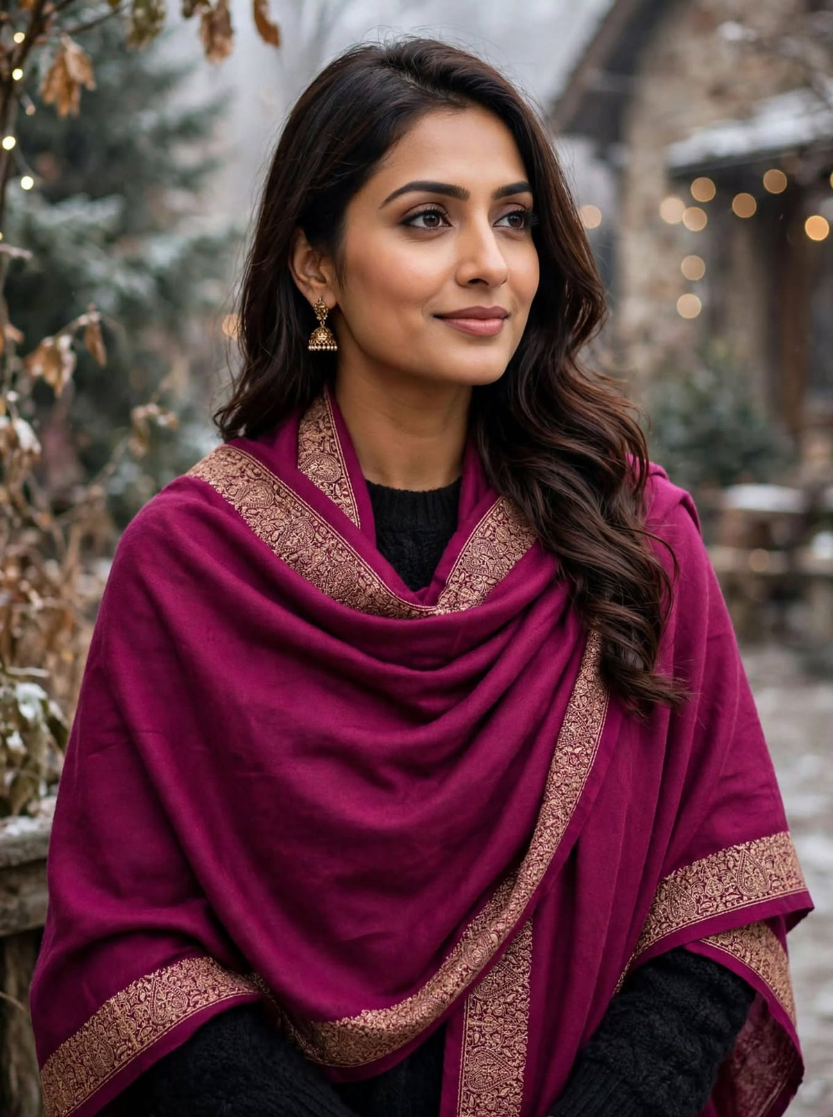 Plum Pashmina Shawl - Gold Embroidered Border - Formal Wrap