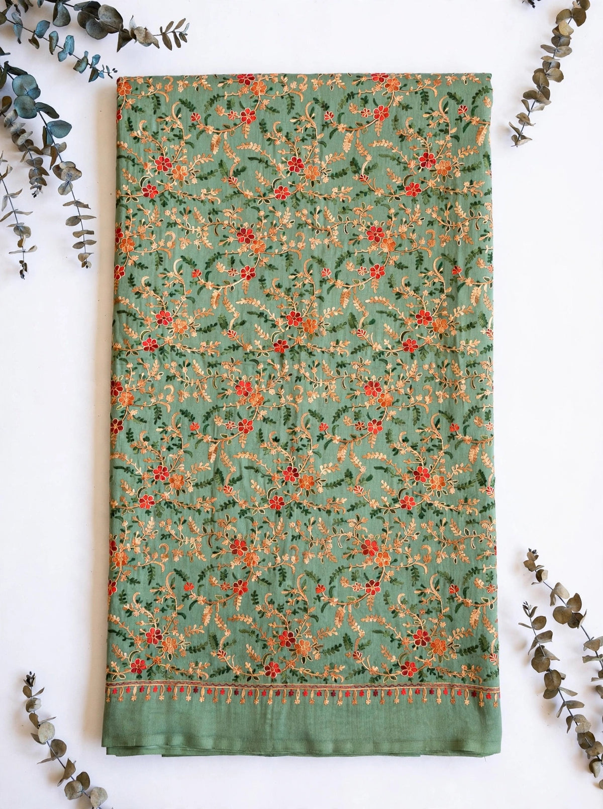 Sage Green All-Over Embroidered Pashmina Shawl - Kashmiri Aari Jaal Work