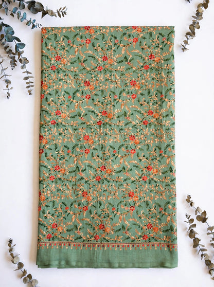 Sage Green All-Over Embroidered Pashmina Shawl - Kashmiri Aari Jaal Work