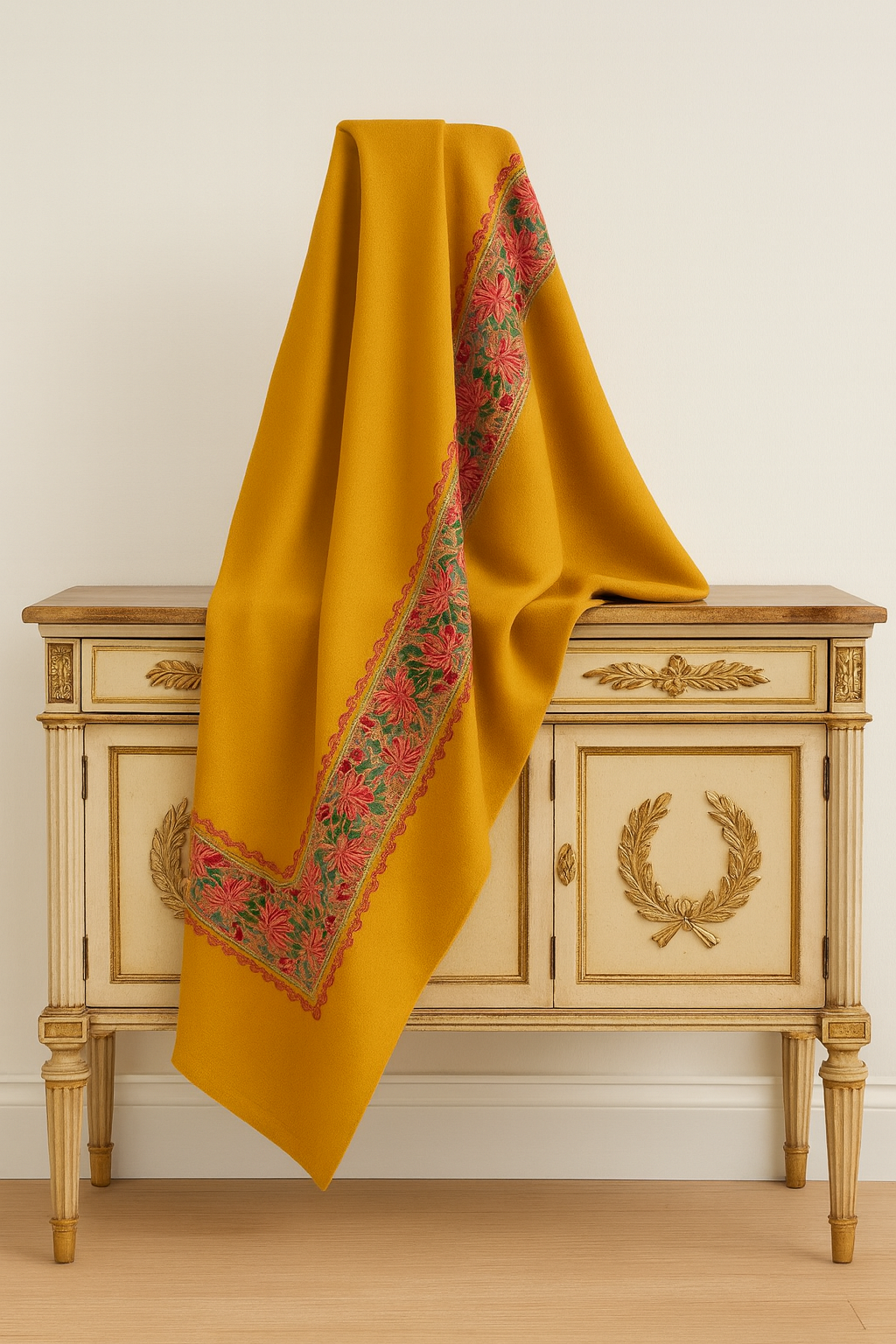 Mustard Pashmina Shawl with 4-Side Aari Embroidery