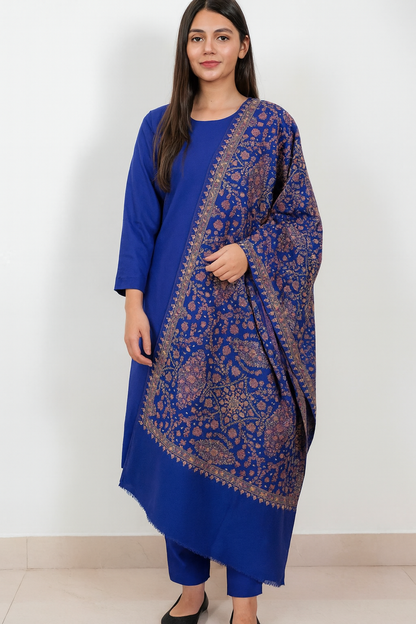 Royal Blue Needle Embroidery Pashmina Shawl Traditional Elegance