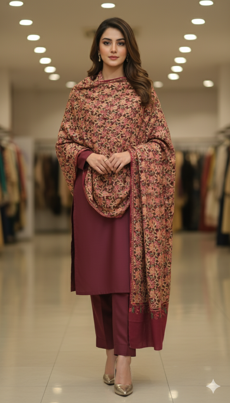 Maroon Embroidered Pashmina Shawl & Suit Set