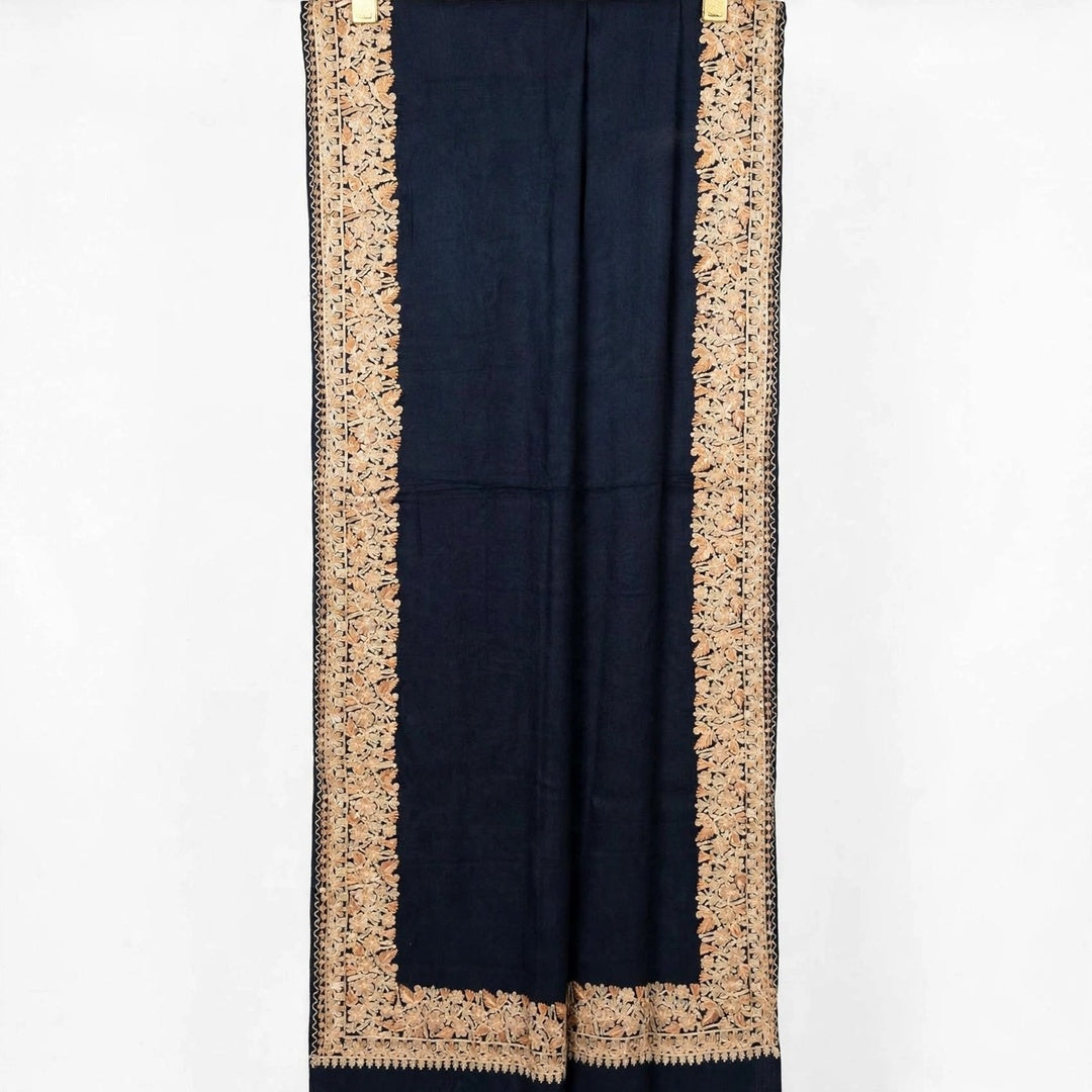 Midnight Navy Pure Pashmina Shawl with 4-Side Heavy Aari Embroidery Border - Beige Floral