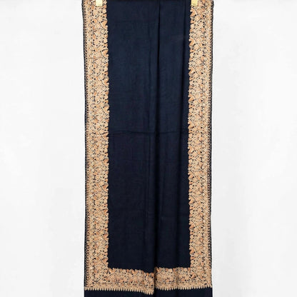 Midnight Navy Pure Pashmina Shawl with 4-Side Heavy Aari Embroidery Border - Beige Floral