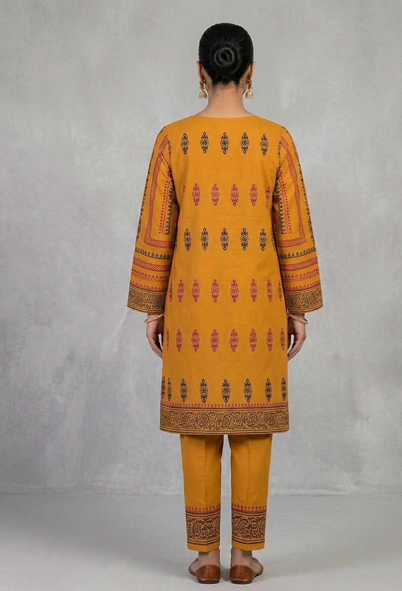 Mustard Hand-Block Printed Cotton Lawn – Unstitched 2-Piece Suit