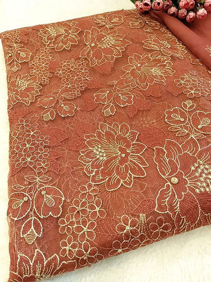 Rust Embroidered Bareeze Net & Chiffon Ensemble