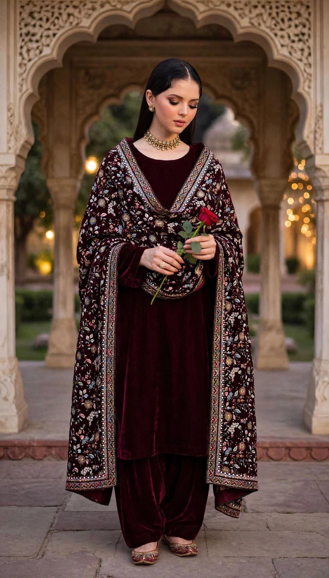 Raat Ki Rani - Burgundy Velvet Kalamkar Shawl Set
