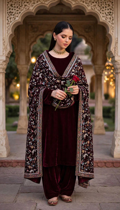 Raat Ki Rani - Burgundy Velvet Kalamkar Shawl Set