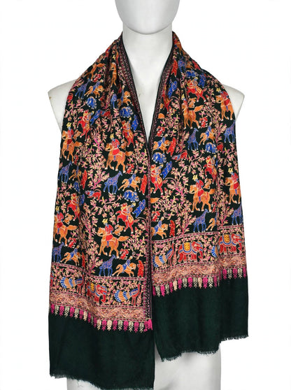 Bottle Green Shikargah Pashmina Shawl | Pure Pashmina Nalki Embroidery | Luxury Wrap