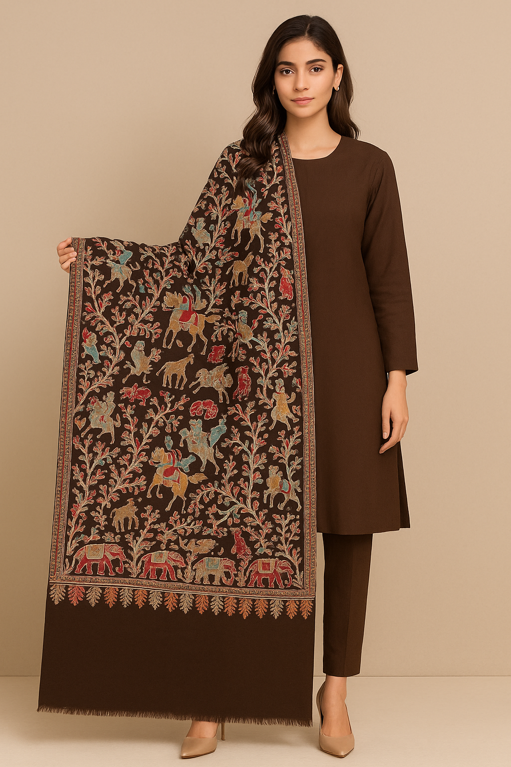 Handcrafted Pashmina Shawl with Royal Embroidery  Chocolate Brown